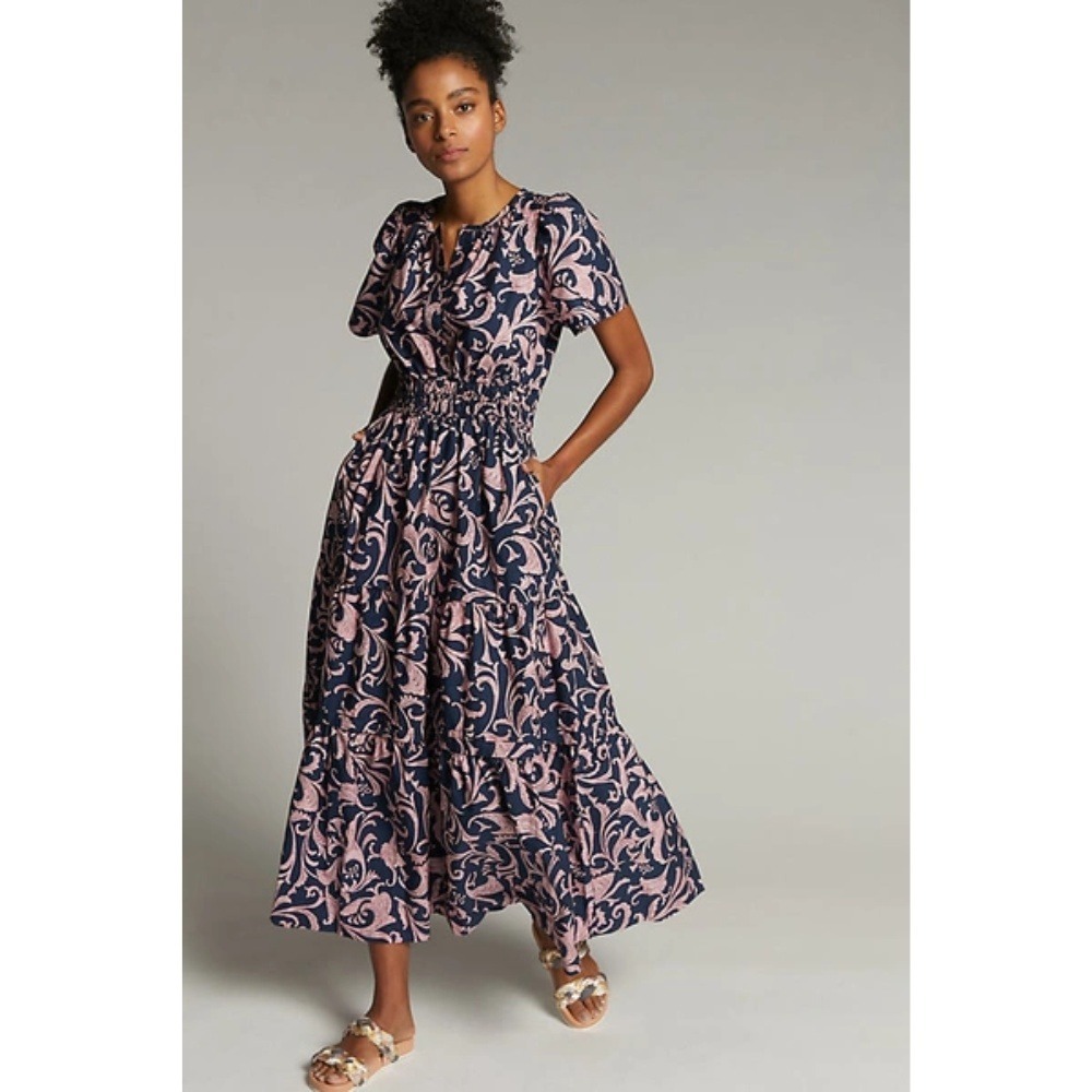 Anthropologie The Somerset Maxi Dress XL Blue Navy Pink Cotton Tiered Pockets